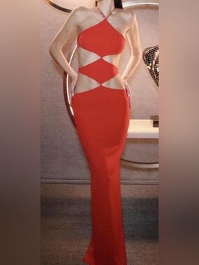 Maxim Red Cut Out Halter Maxi Dress Open Back Evening Gown XS NWT